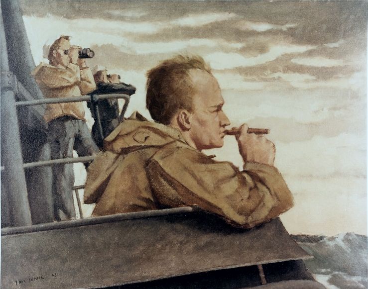 Skipper on the bridge, Pacific submarine Artist Paul Sample, 1943