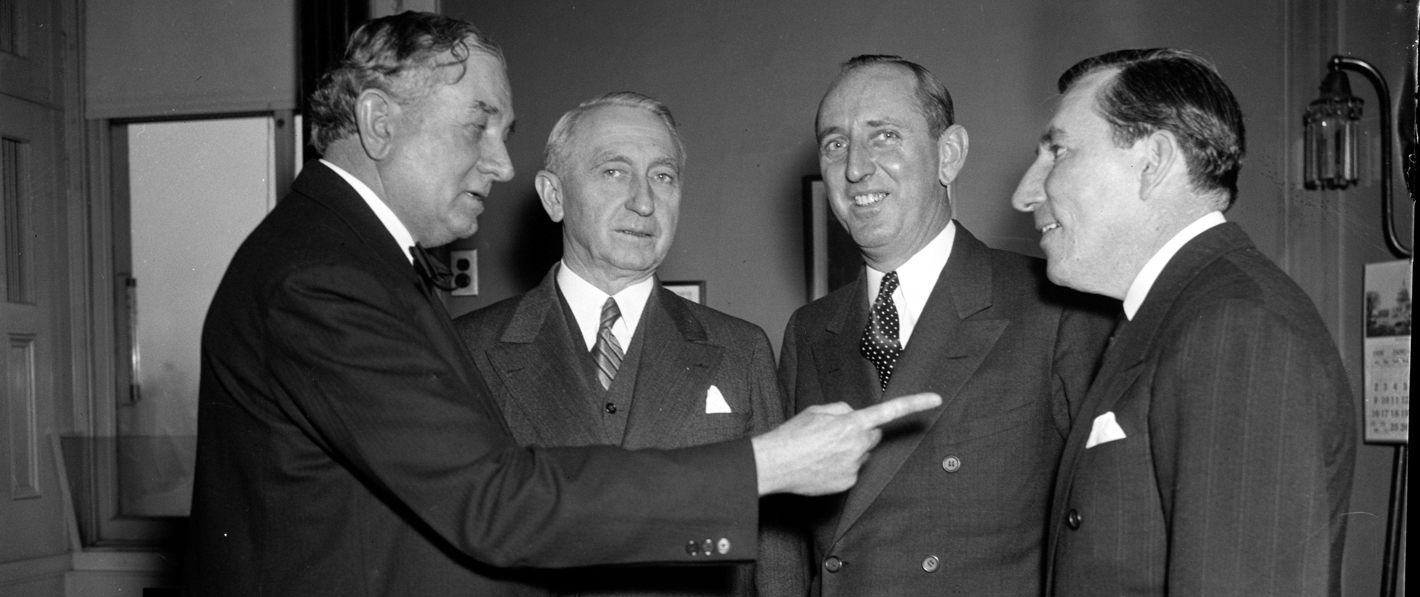 Filibuster against anti-lynching bill. Washington, D.C., Jan. 27. Members of the bloc of Southern Senators who have been filibusting against the anti-lynching bill for the last 20 days and are still going strong, left to right: Senator Tom Connaly, of Texas, Sen. Walter F. George, of Ga.; Sen. Richard Russell of Ga.; and Sen. Claude Pepper of Florida, Jan. 27, 1938. (Library of Congress)