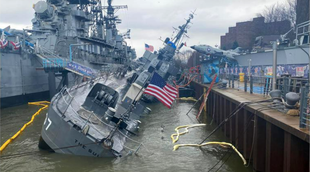 USS The Sullivans sank last April at its dock in Buffalo, but has since been raised. said the ship is stable but not completely out of danger from sinking. U.S. Coast Guard Sector Buffalo