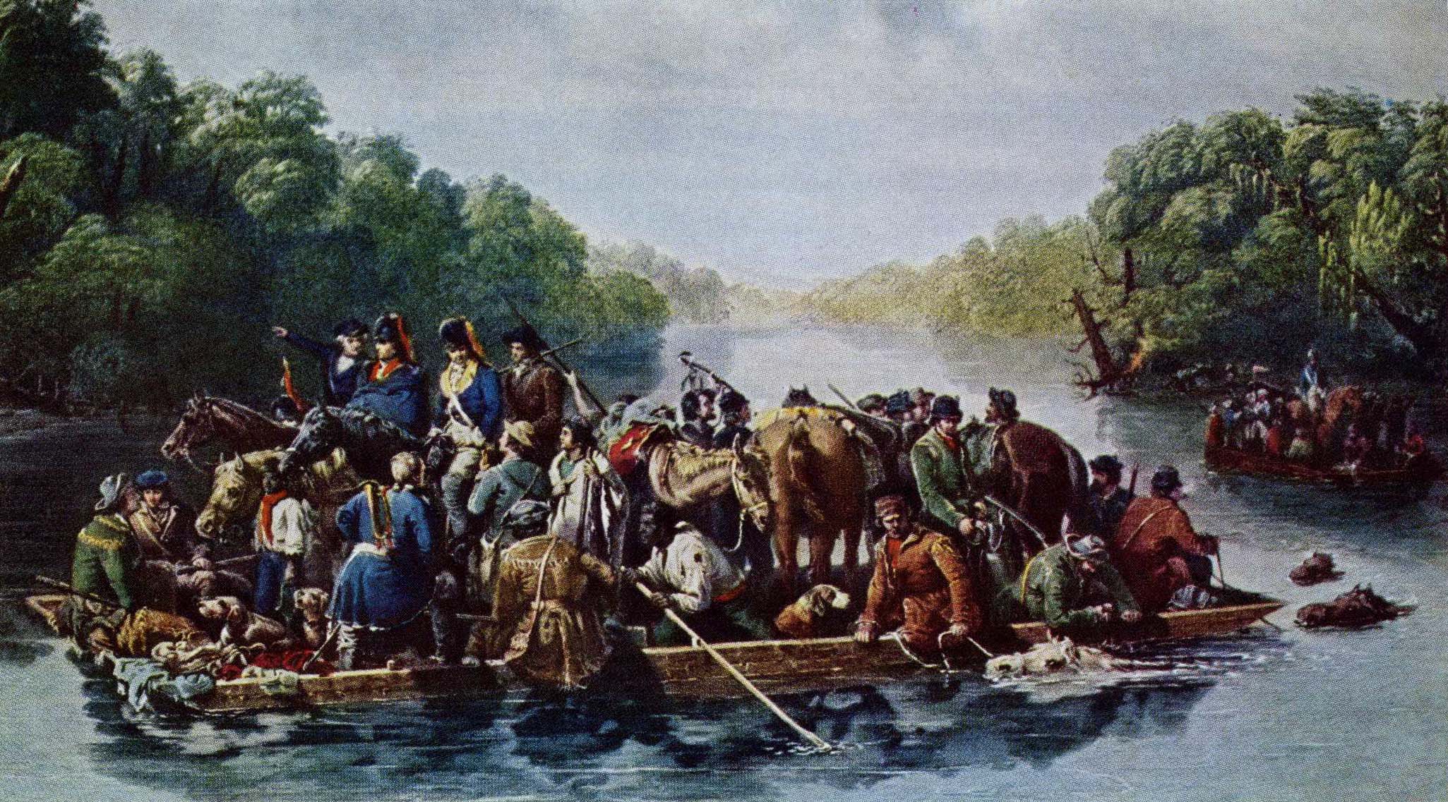 Marion (mounted, second from left) and his mean, some of them swimming their horses, cross the Pee Dee on makeshift rafts. Few of his soldiers wore uniforms, and regular troops often laughed at their appearance. Painting courtesy of Life (The Collection of Preston Davie)