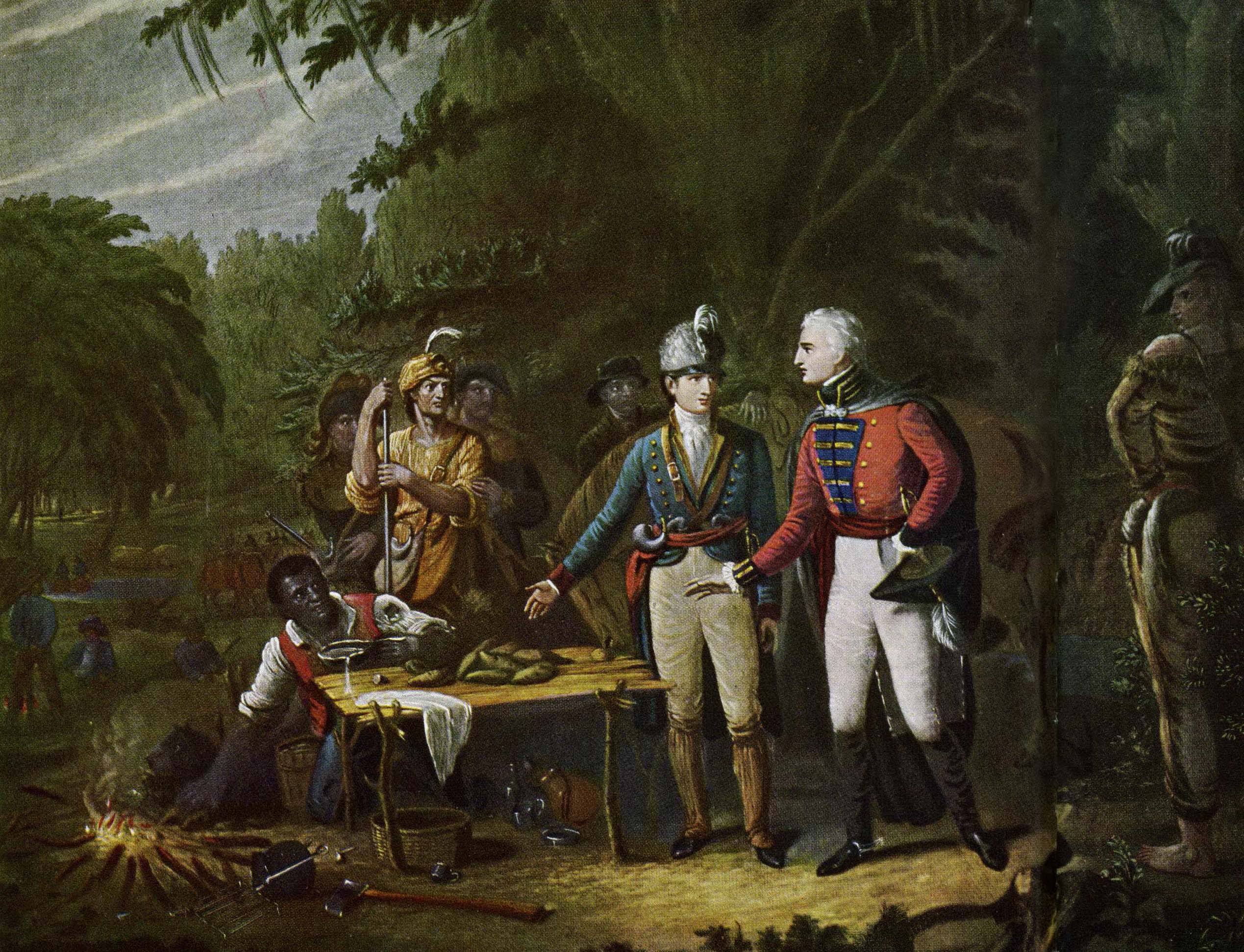 In John Blake White’s famous painting, Marion offers a British officer a meal of baked potatoes. Legend says that White had sat on Marion’s knee as a child and remembered his features. The painting was reproduced on Confederate currency. Painting courtesy of Life (Harry Shaw Newman, The Old Print Shop)