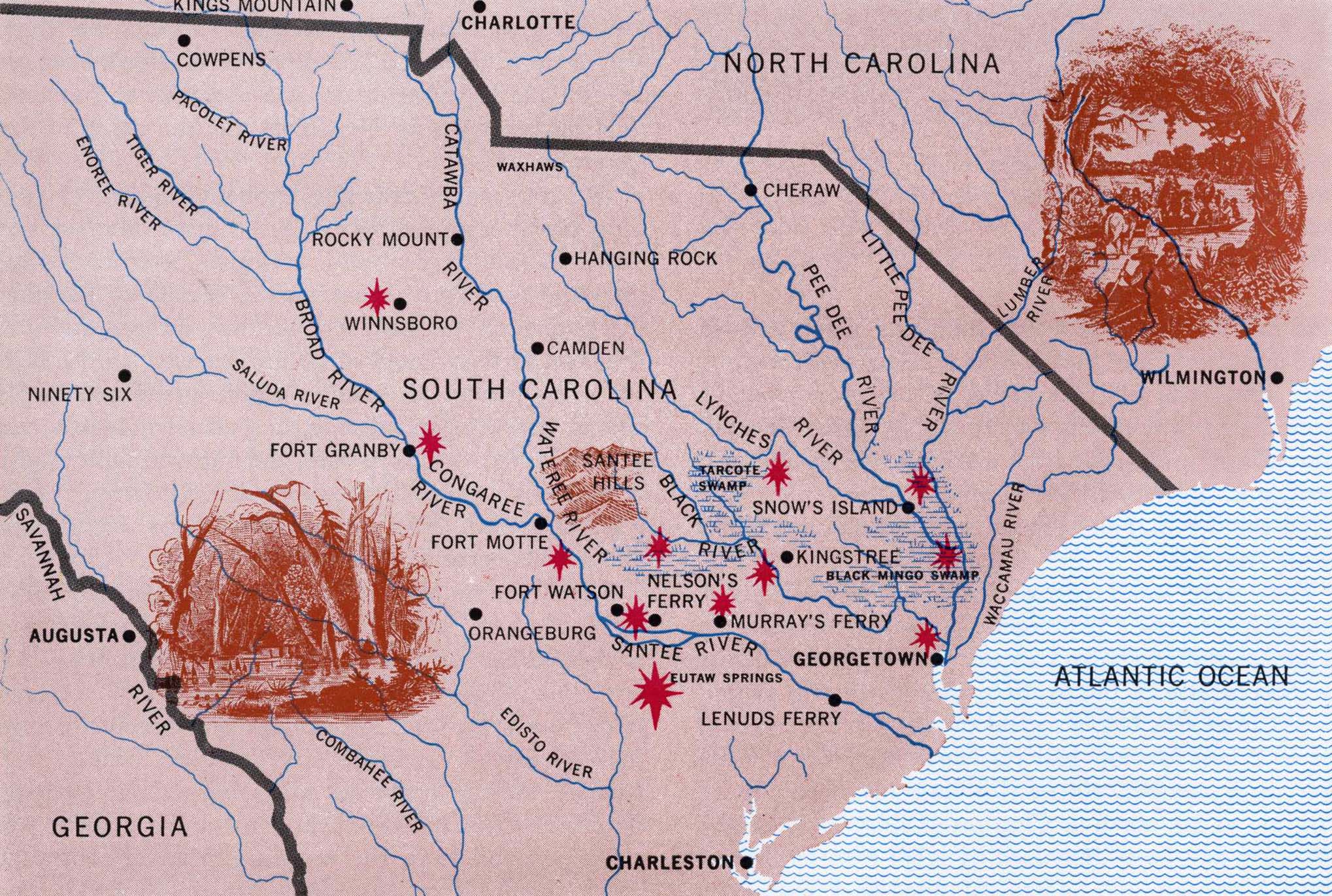 Marion’s operations took place in a low, swampy region drained by many rivers. His major skirmishes are marked in red. May by Richard Hendler