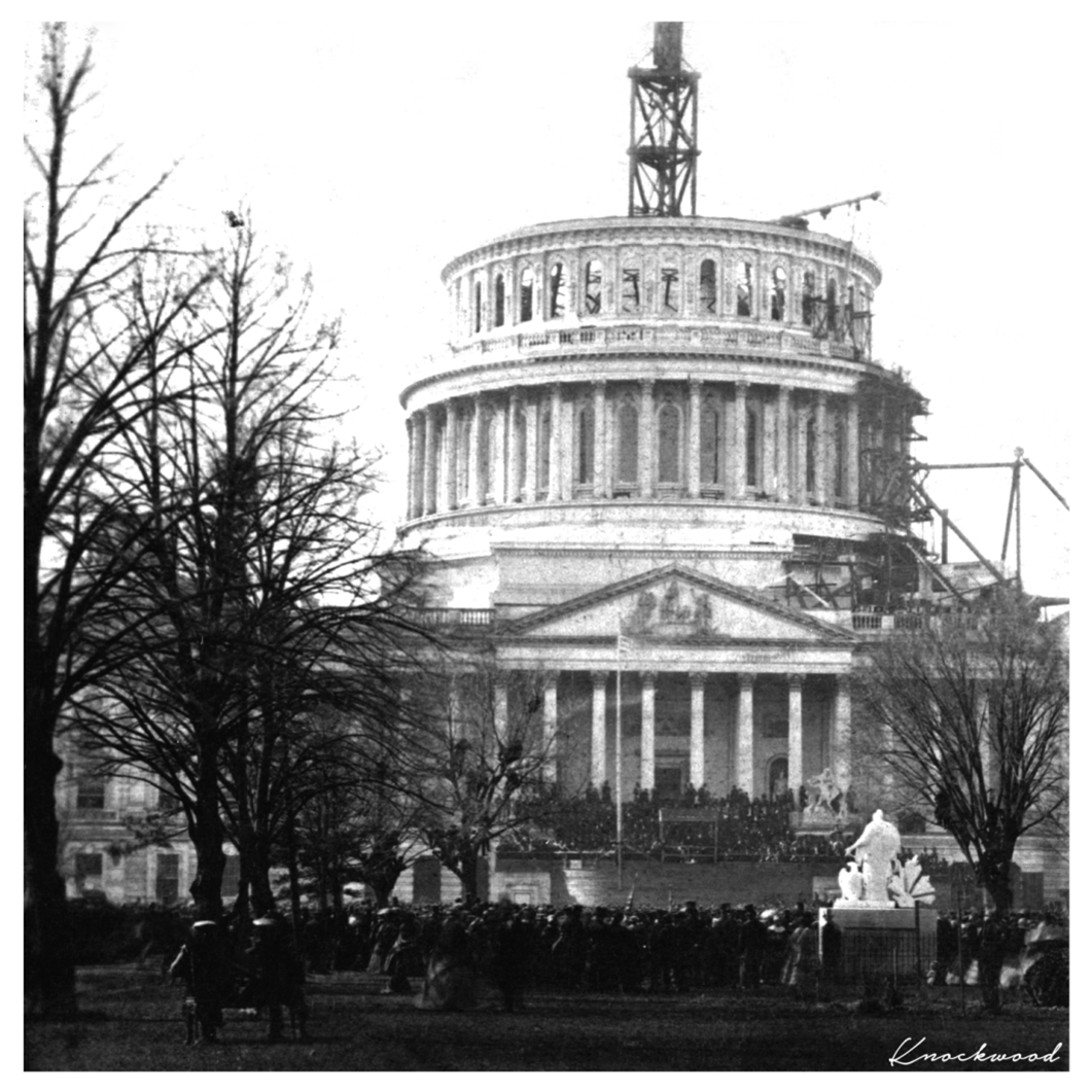 The U.S. Capitol under construction at Lincoln’s first inauguration in 1861. Library of Congress.