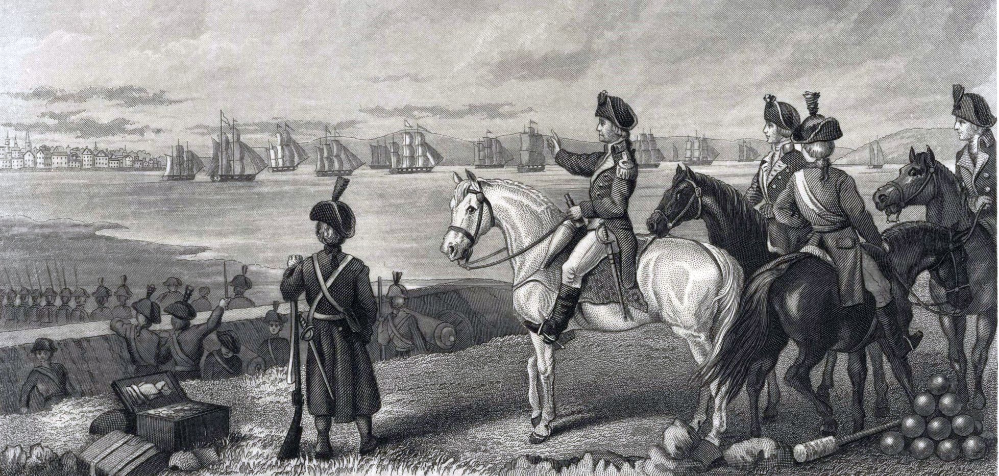 Washington watches the British depart Boston on March 17, 1776. U.S. Army Center of Military History