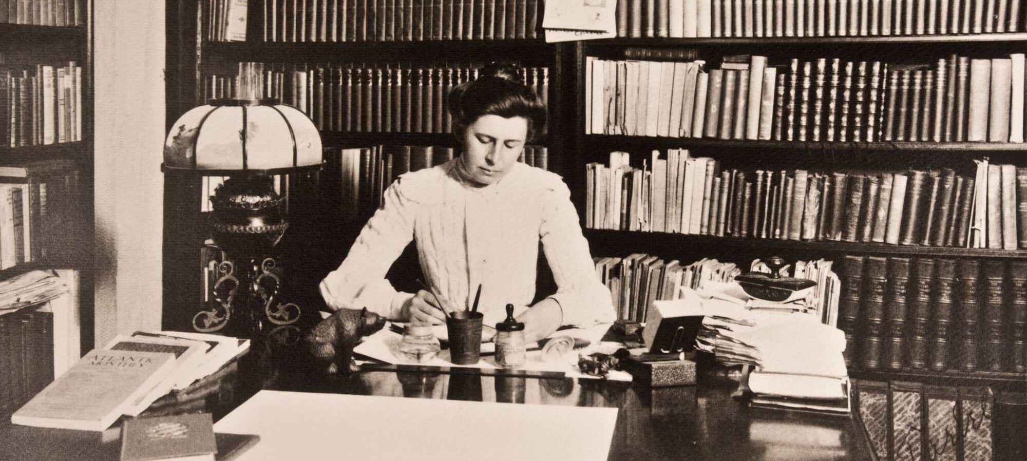 Tarbell at her desk in 1905. The Ida M. Tarbell Collection, Pelletier Library, Allegheny Coll, Meadville PA