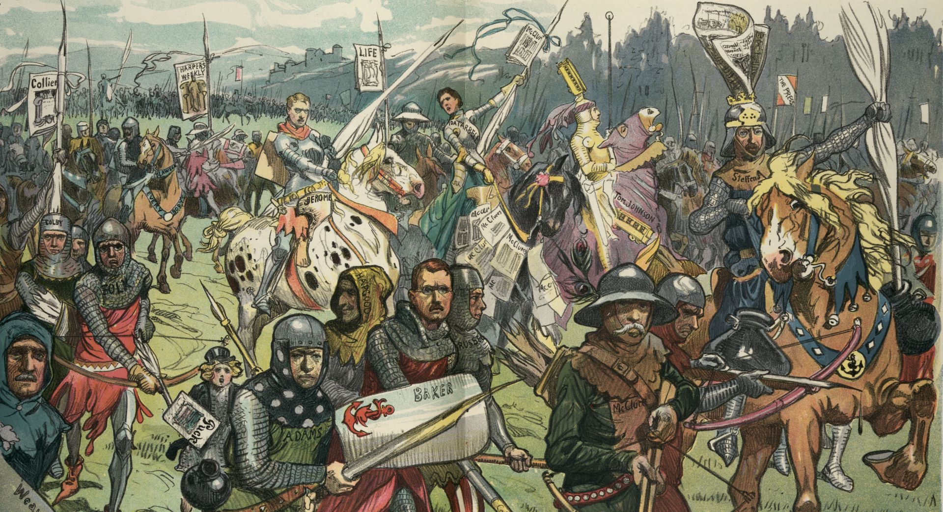 The "muckraking" writers of McClure's Magazine were at the center of what Puck described as "The Crusaders, Marching Embattled 'Gainst the Saracens of Graft."