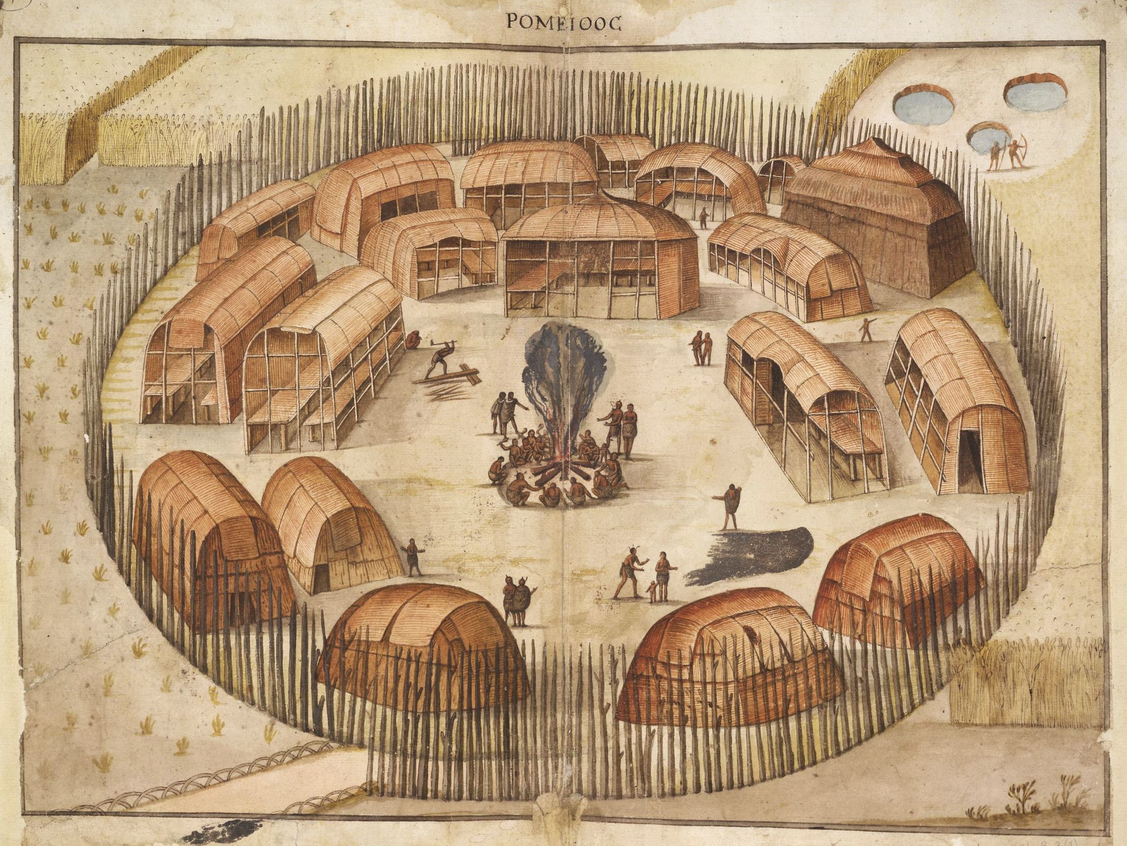 John White's watercolor drawing of the Secotan village of Pomeiooc showshe village of Pomeiooc shows figures around a camp fire, with huts and fencing encircling the village. British Museum.