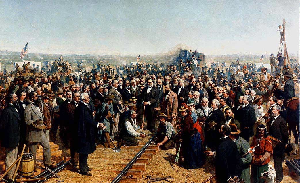 Thomas Hill's famous painting depicts the ceremony of the driving of the "Last Spike" at Promontory Summit, UT, on May 10, 1869, but was a largely fictional vision. California State Railroad Museum.