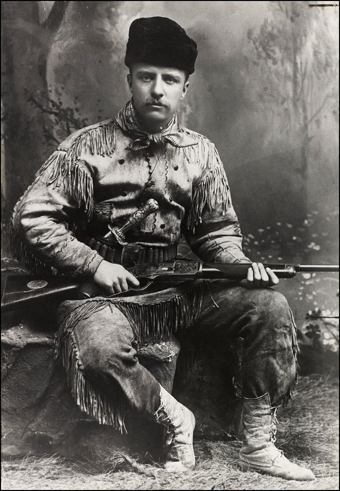 Theodore Roosevelt posed in his buckskin hunting outfit around 1885, the year he retired to his ranch in the Dakota Territory. Library of Congress