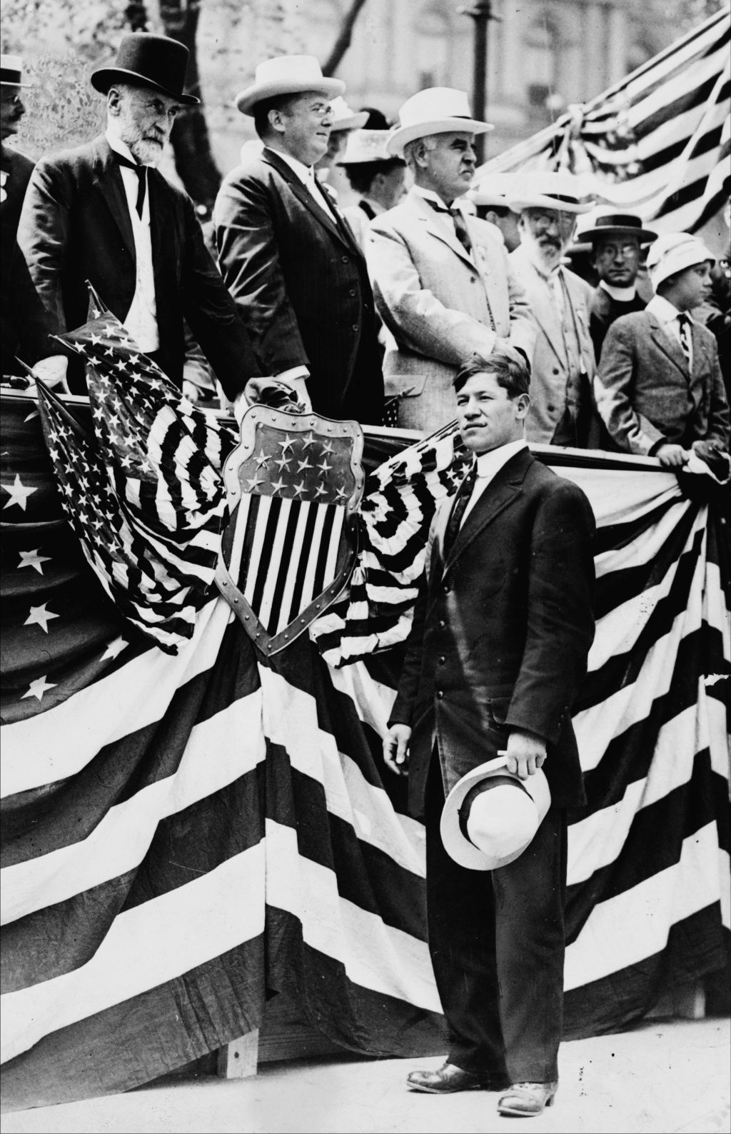 Jim Thorpe greeted by Mayor Gaynor (third from left) and other dignitaries in Olympic ceremony at City Hall