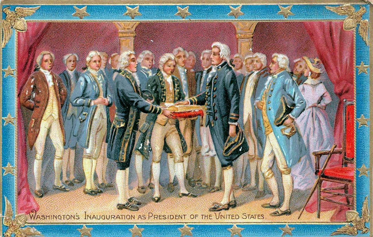 A 1908 postcard by Raphael Tuck & Sons shows Washington's inauguration as President of the United States. American Heritage Collection.