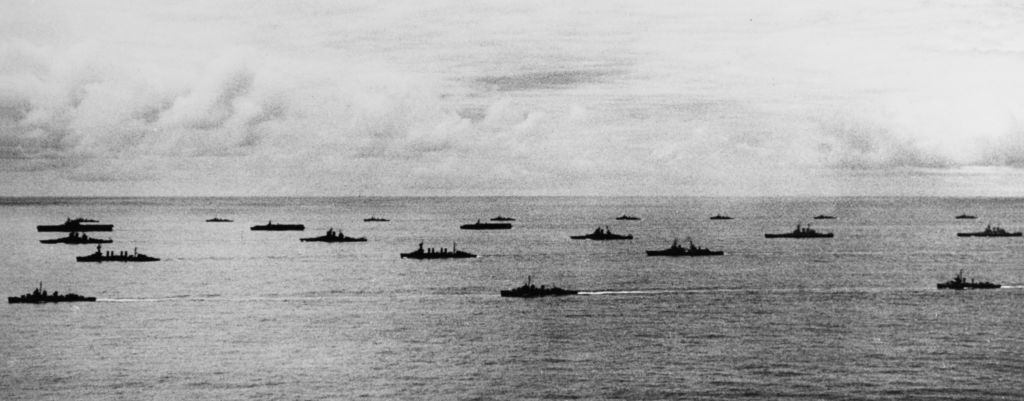By 1945 the U.S. Pacific fleet had grown to hundreds of ships, with 32 carriers ready to support the invasion of the Japanese mainland. U.S. Navy History and Heritage Command.