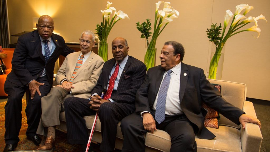 Jordan relxes with three other Civil Rights icons relax at the LBJ Presidential Library. From left, U.S. Representative John Lewis; Julian Bond, Former Chairman of the NAACP; Jordan; and Andrew Young, United States Ambassador. Photo by David Hume Kennerly, LBJ Library.