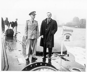 Admiral Hyman Rickover (left) led the development of nuclear reactors capable of powering the new submarines such as USS Nautilus. Waldo Lyon (right) founded and was chief scientist for the Navy's Arctic Submarine Laboratory.