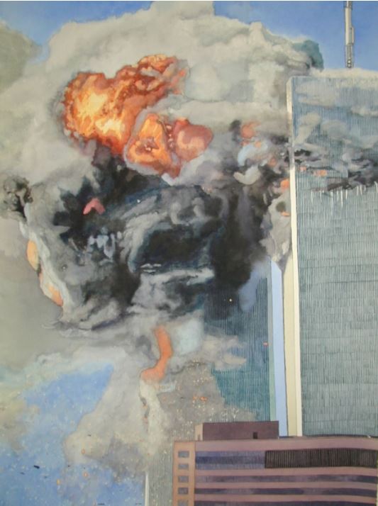 The author painted this image of the attack on the World Trade Center, which he witnessed from his studio in Tribeca.