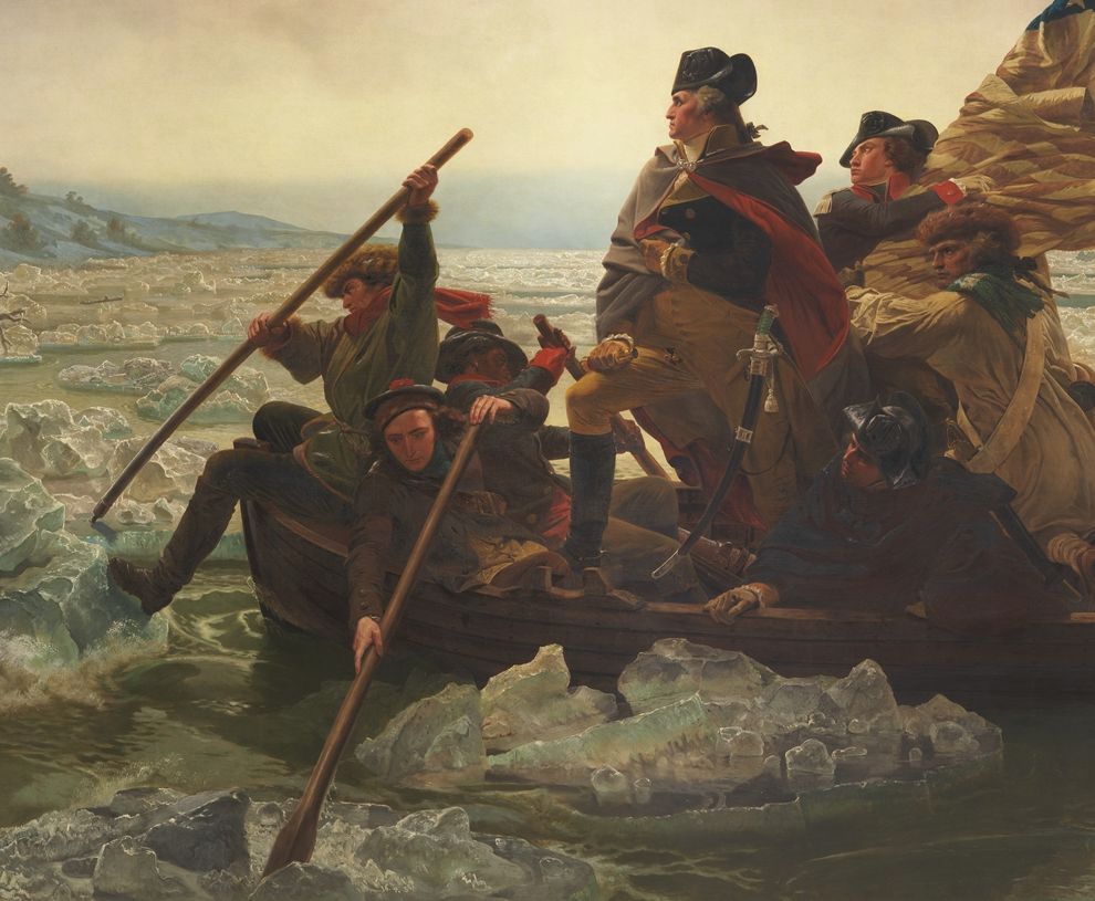 Four of John Glover's Marblehead men row George Washington and Lt. James Monroe (holding the flag) across the Delaware.