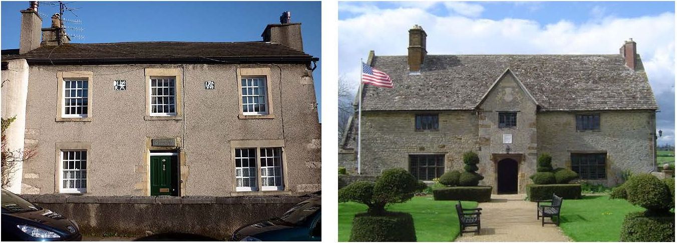 Homes in England associated with the Washington family include the 1612 Washington House in Warton, decorated with pebble-dashed rubble and limestone quoins, and 15th century Sulgrave Manor, the right side of which is the original manor house. Photos courtesy of Karl and Ali, Washington House, and Cathy Cox.