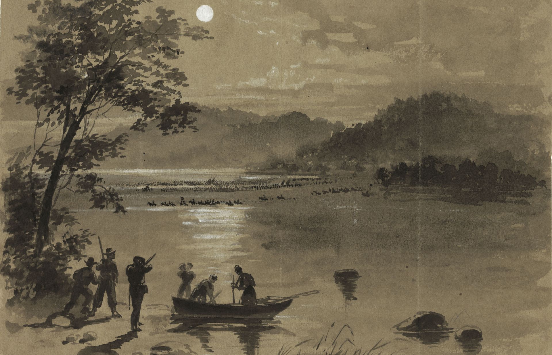 The famed Civil War artist Alfred Waud sketched the Confederate army crossing the Potomac River into Maryland by moonlight.