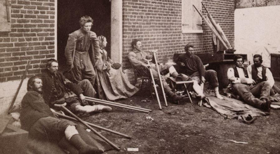 Wounded soldiers from the battles in the Wilderness, Fredericksburg, Va., May 20, 1864. Library of Congress.