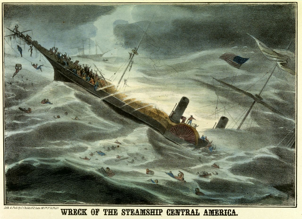 Called an "appalling disaster" in newspaper headlines, the sinking of the 280-foot SS Central America in 1857 resulted in the death of 425 of 578 passengers and crew. The loss of 30,000 pounds of gold coming back from California caused a recession when New York banks were forced to close. Because it was carrying mail, the ship needed to be commanded by an officer of the U.S. Navy by law.