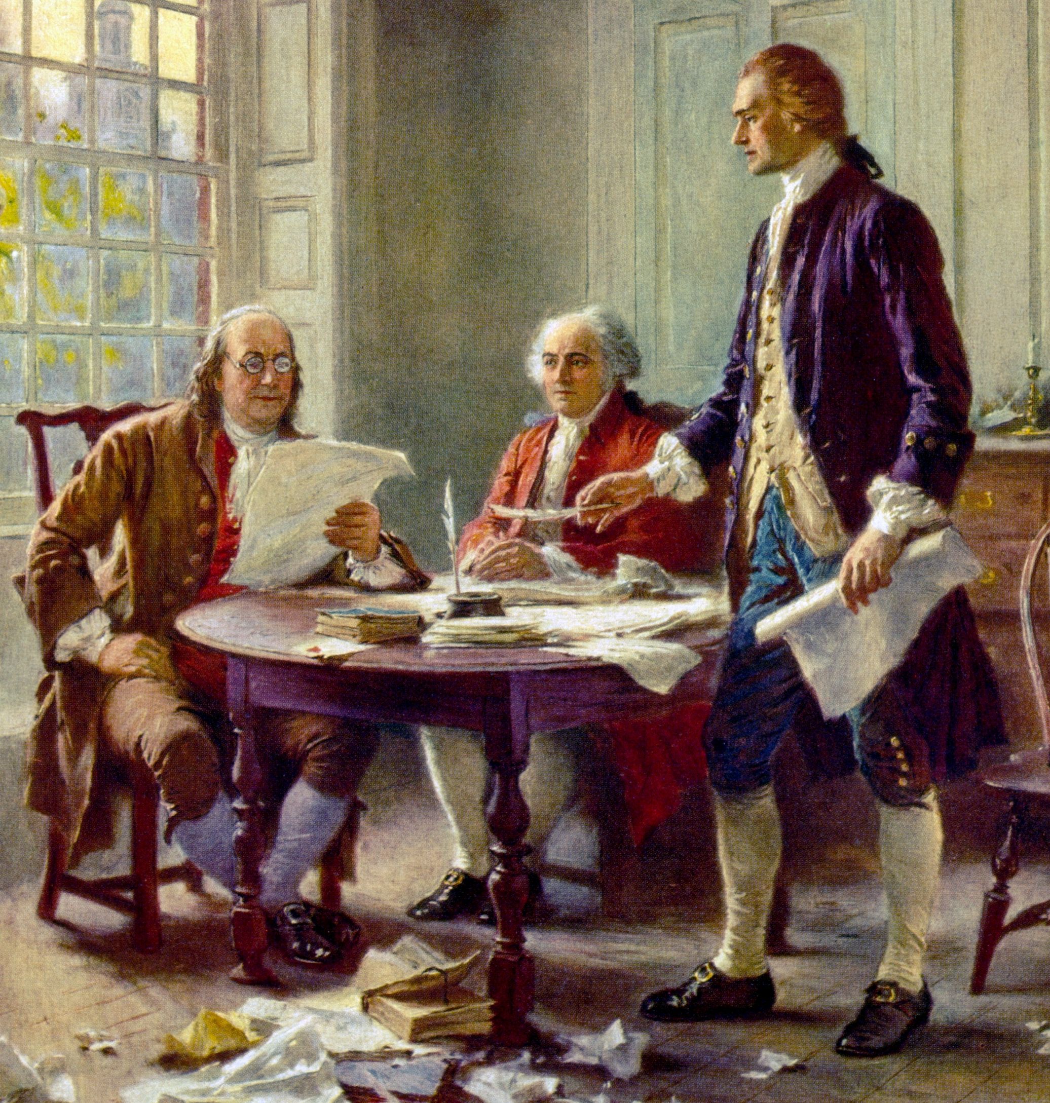 Benjamin Franklin,&nbsp;John Adams, and&nbsp;Thomas Jefferson&nbsp;of the Committee of Five work on drafting the Declaration. Library of Congress