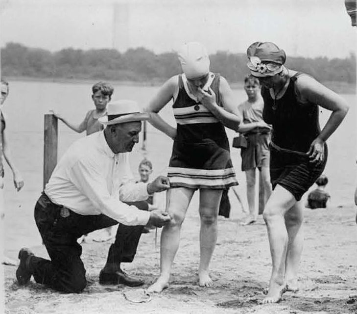 For many years, swimming was allowed in the Tidal Basin, with Bill Norton (the bathing beach "cop") measuring garments to make sure they met minimum length requirements. Library of Congress.