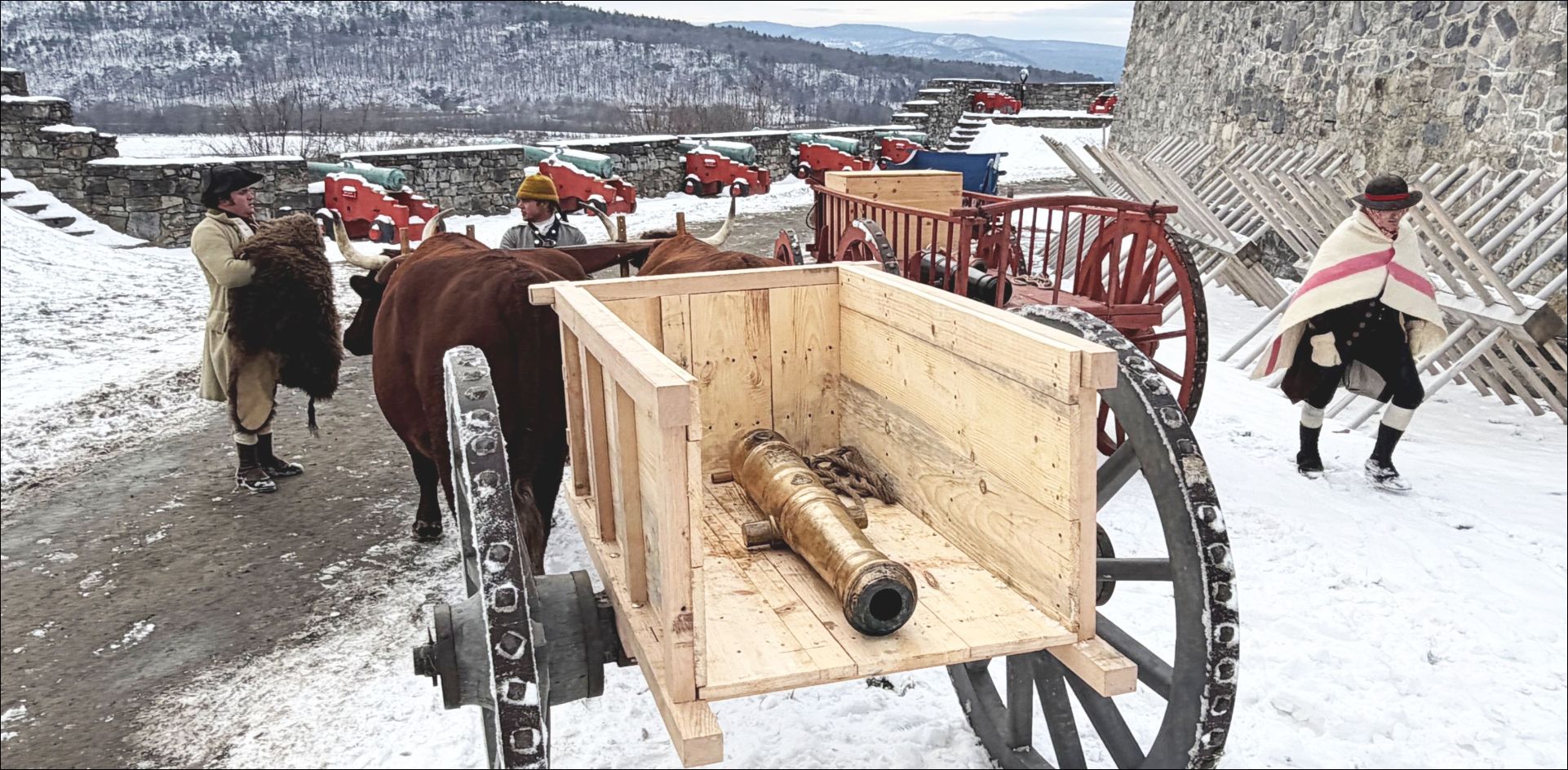 A cannon at Ticonderoga loaded up for the long trip to Boston