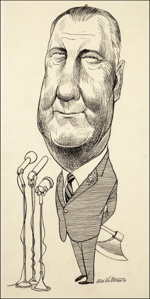 Agnew was often portrayed as Richard Nixon's hachet man, as in this cartoon by caricature of Spiro Agnew by Edmund Valtman. Library of Congress.