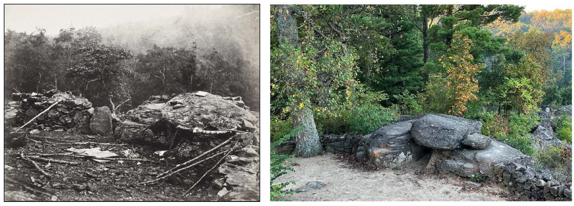 Today, rocks and breastworks on Little Round Top are often nearly the same as when Alexander gardner photographed them shortly after the battle in 1863. Edwin Grosvenor