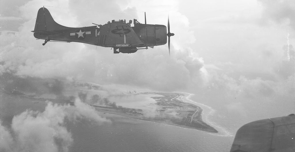 American dive bombers fly over Wake