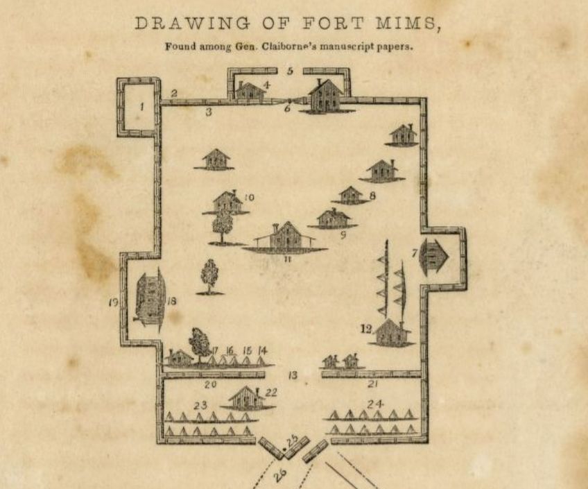 A drawing of Fort Mims showing the open Eastern Gate where the Creeks entered.
