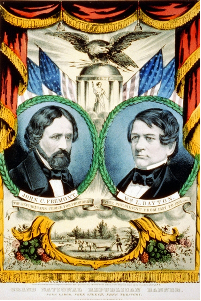 A banner promotes the partys first presidential ticket, in 1856.