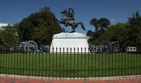 The center of Lafayette Square is dominated by a statue of Pres. Andrew Jackson erected in 1853. It was the first bronze statue cast in the U.S. and the first equestrian statue in the world to be balanced solely on the horse's hind legs. White House Historical Society.
