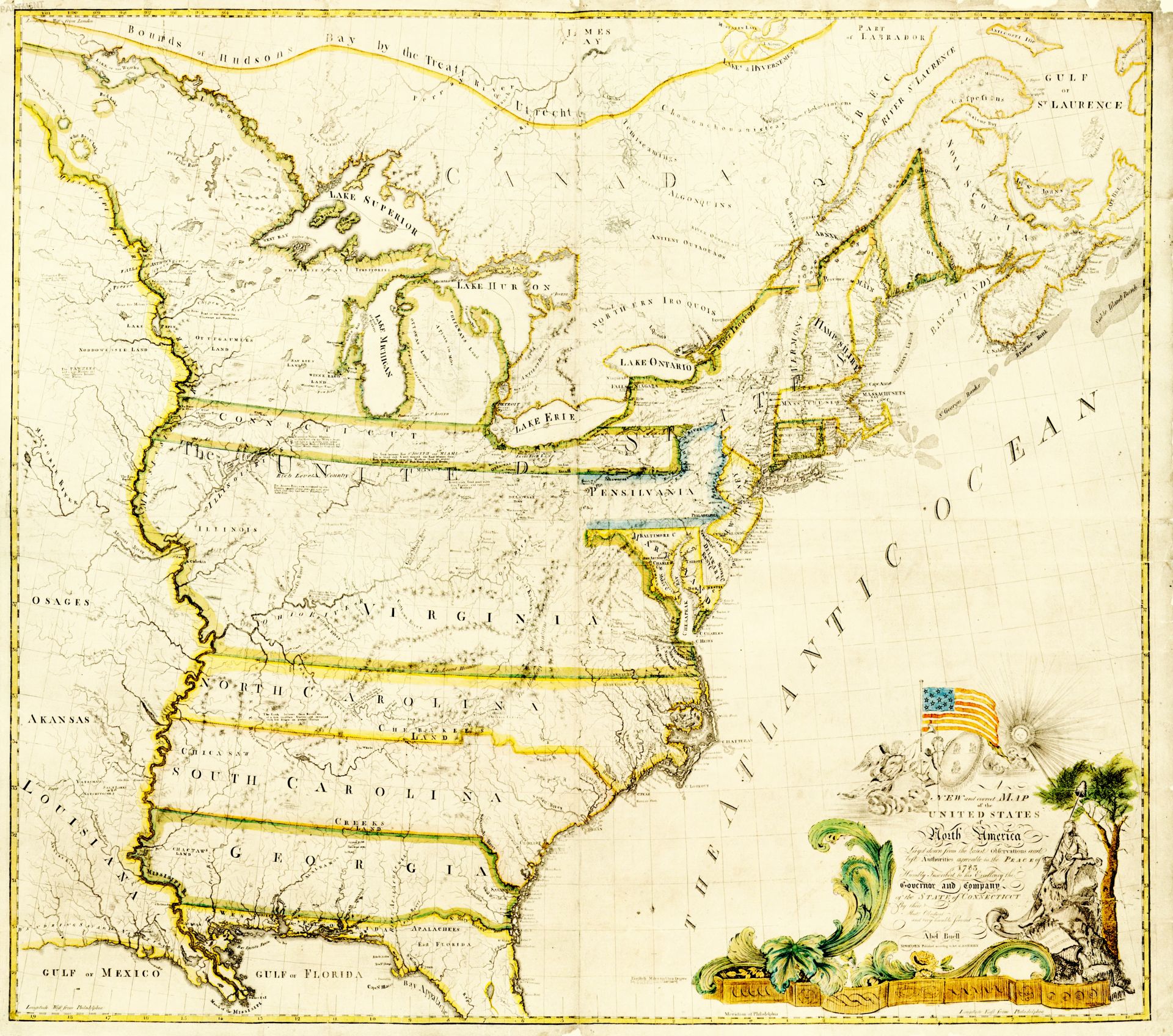 1784 map of the United States of North America, by Abel Buell