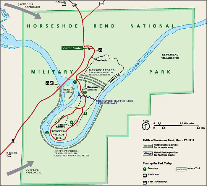 The Red Sticks built formidable defenses around their village at Horseshoe Bend, but were trapped when surrounded by thousand of Tennessee militia under Andrew Jackson. National Park Service