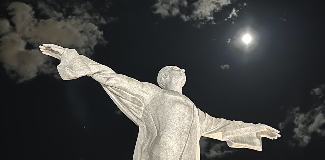 The Titanic memorial lit by the moon