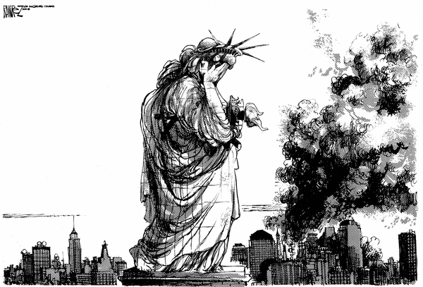 On September 11, 2001, dozens of cartoonists across the country created images of the Statue crying, such as this one by Michael Ramirez in The Los Angeles Times.