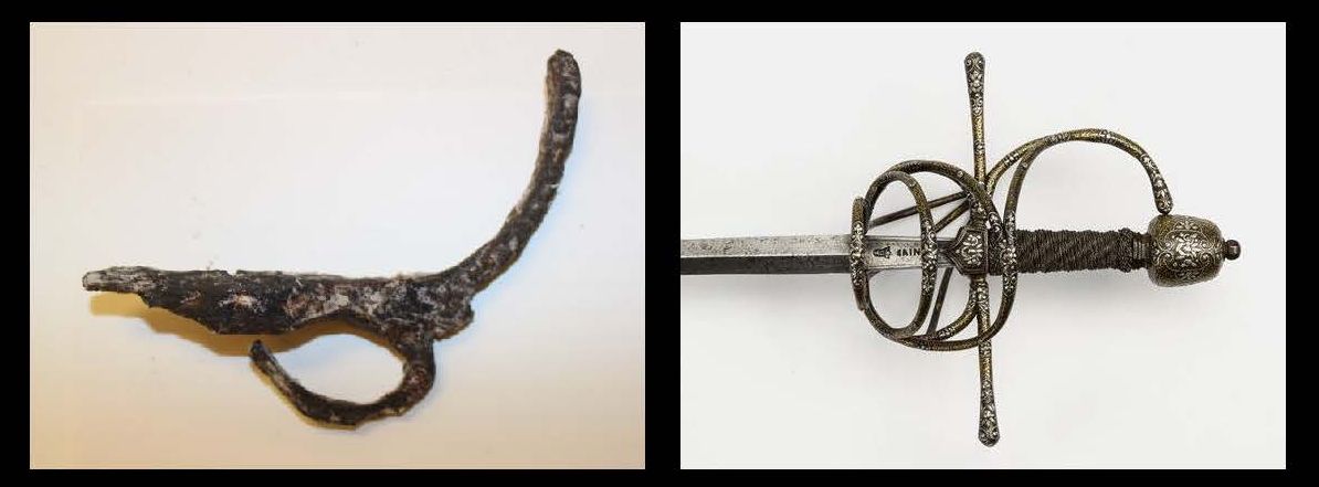 The remains of an English rapier sword found at Hatteras closely resembles an Elizabethan rapier in the Victoria & Albert Museum in London.