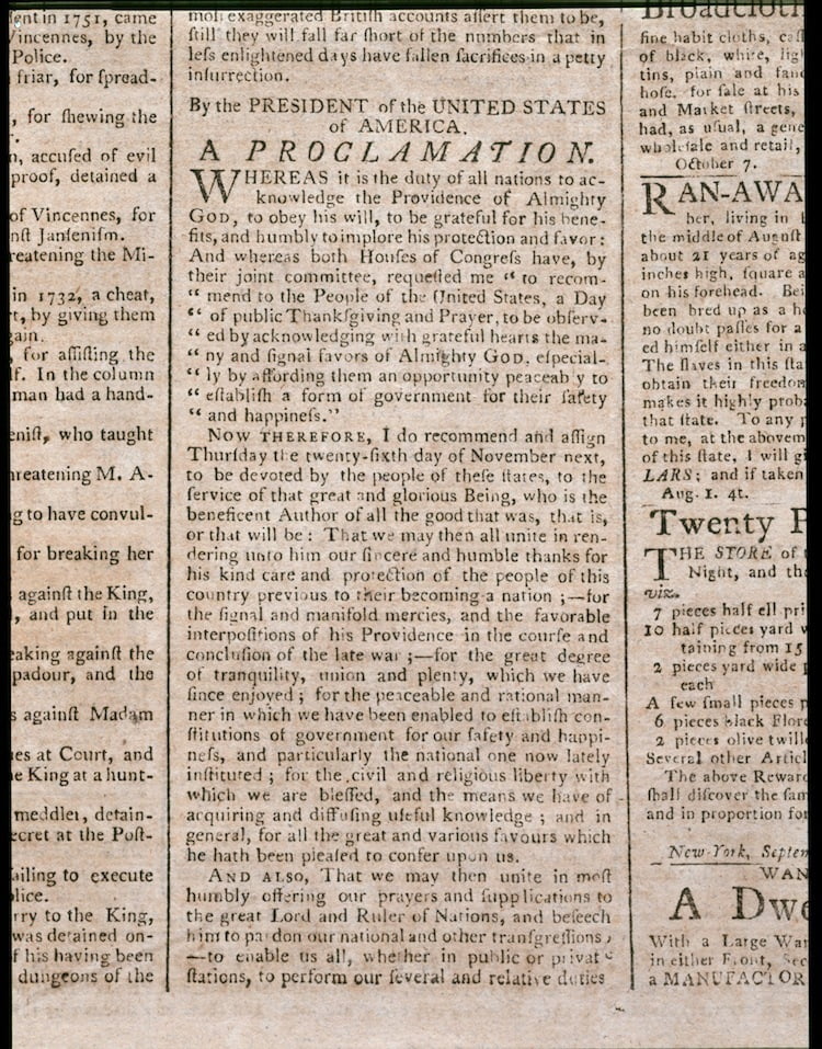 Washington issued a proclamation on October 3, 1789, designating Thursday, November 26 as a national day of thanks.